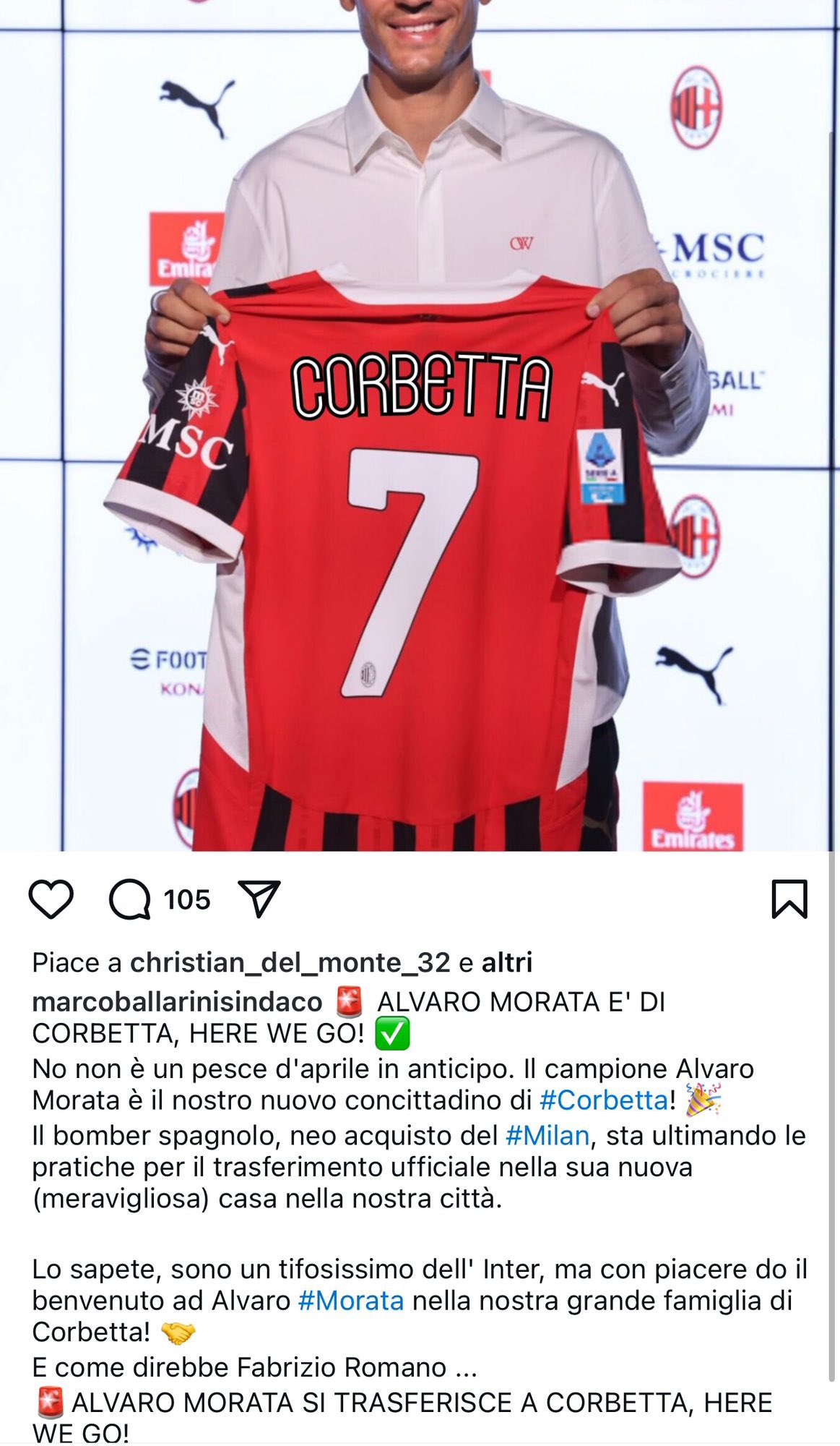 Il post pubblicato su Instagram dal sindaco di Corbetta Marco Ballarini